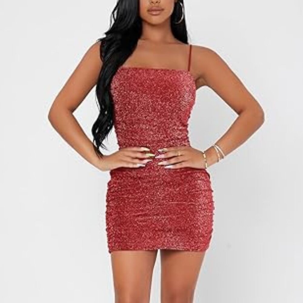 Floerns Women's Red Glitter Sleeveless Ruched Party Bodycon Mini Dress Large